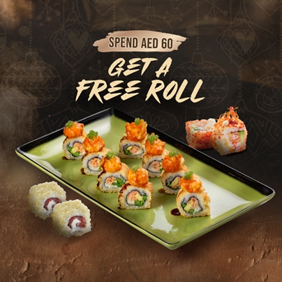 SPEND 60 AED,  GET A FREE ROLL Spend just 60 AED via our mobile app and enjoy a delicious FREE roll of your choice.