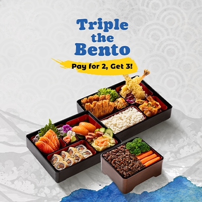 TRIPLE THE BENTO – PAY FOR 2, GET 3! Buy any 2 Bento's, Get a classic bento for free.