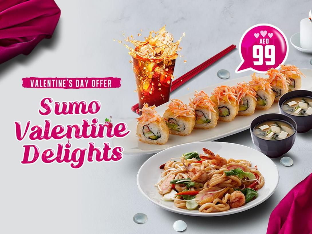 Sumo Valentine Delights for AED 99 Set meal with 2 main menu items, 2 miso soups and 2 lemon iced teas.