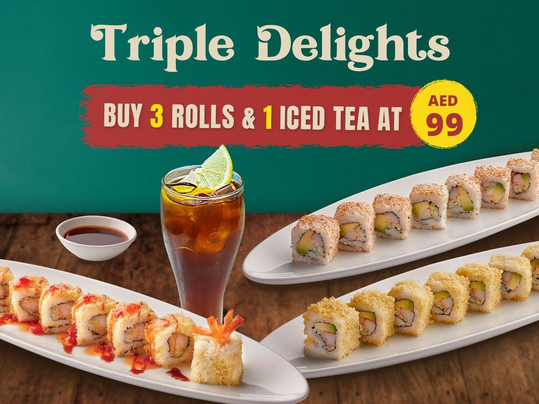 Get 3 Sushi Roll and 1 Iced Tea at 99 AED