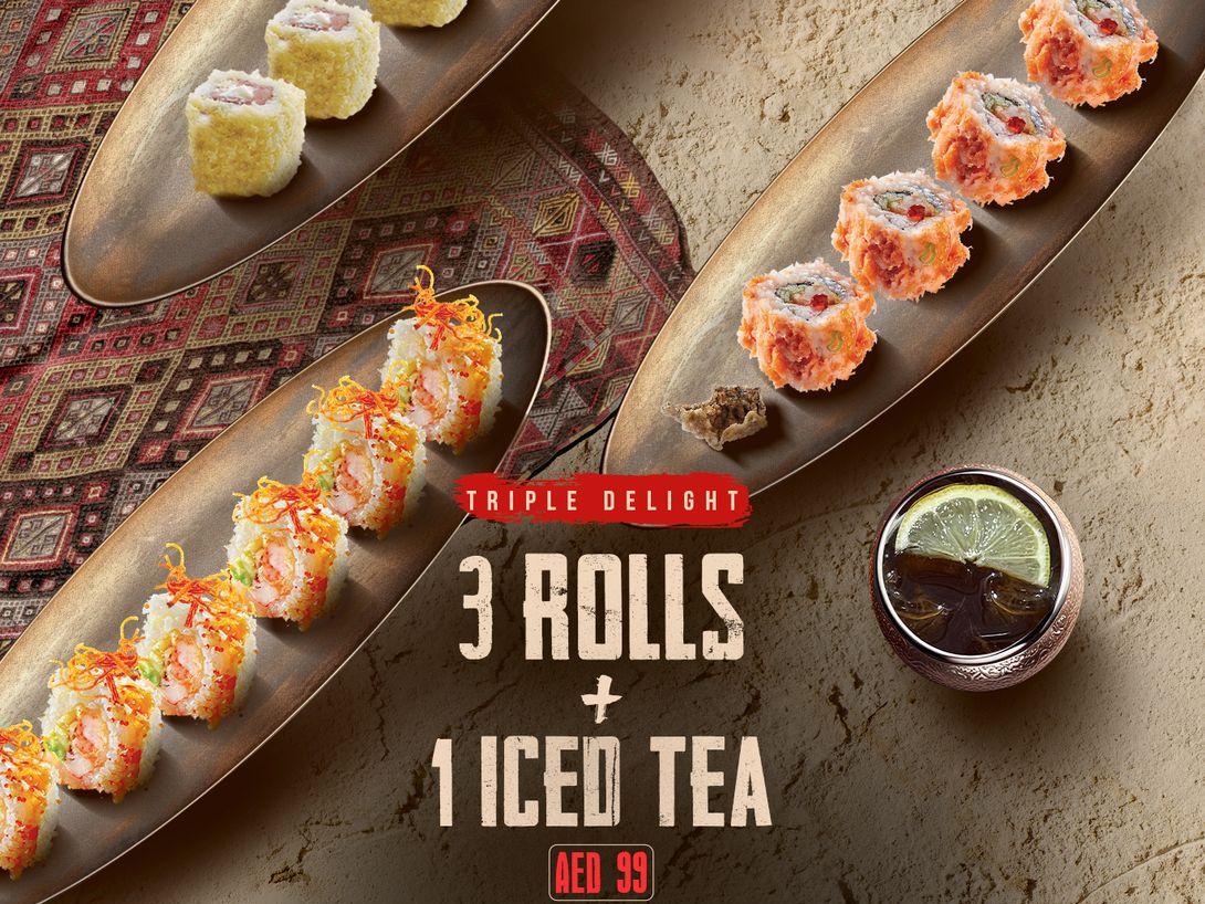 Buy 3 Rolls and get 1 Iced Tea for just 99 AED