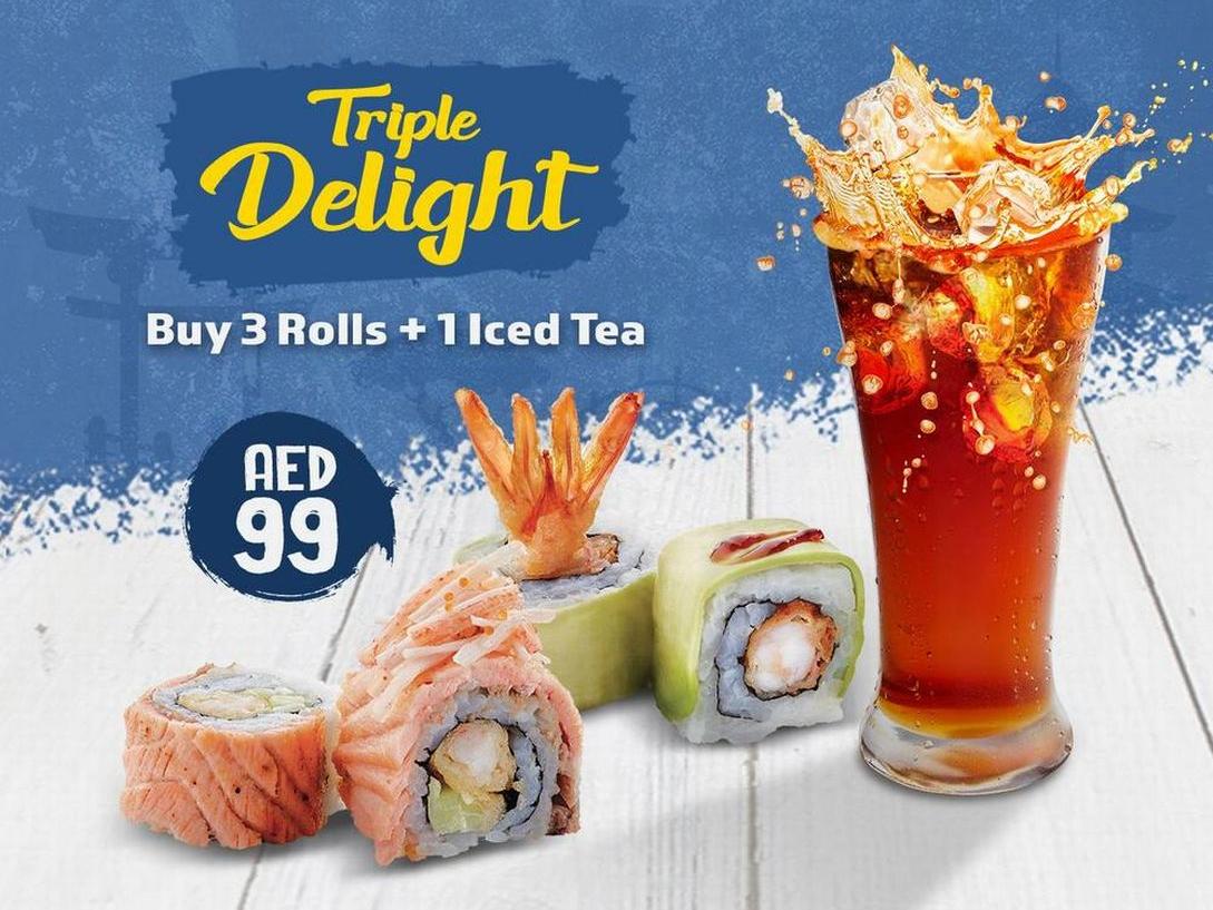 Buy 3 Rolls and get 1 Iced Tea for just 99 AED